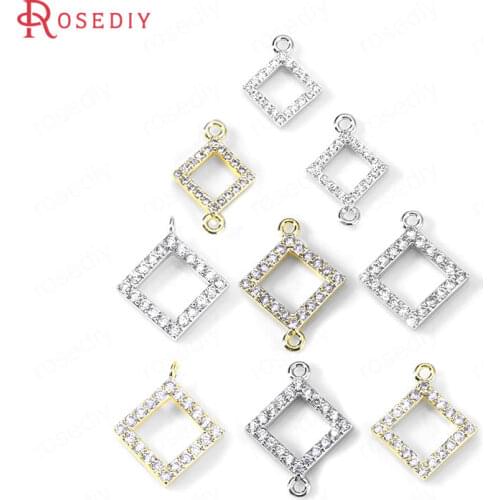 35466)6PCS 24K Gold Color Brass and Zircon Square Connect Charms Pendants High Quality Diy Jewelry Findings Accessories