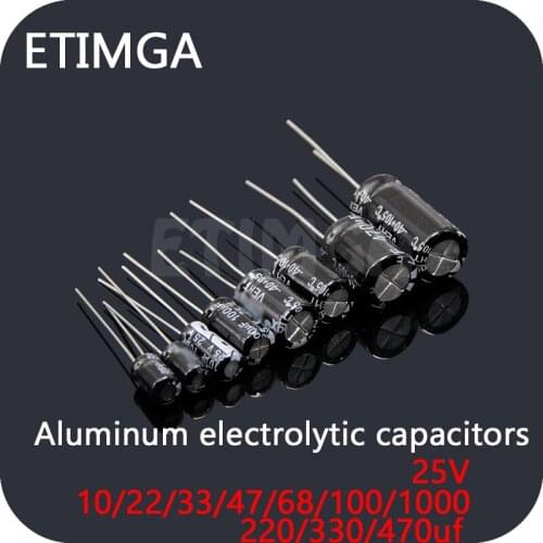 Aluminum Electrolytic Capacitor 25V 10UF 22UF 30UF 33UF 47UF 68UF 100UF 1000UF 220UF 330UF 470uf 20% DIP Capacitors In Stock