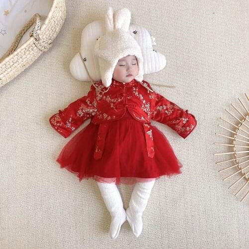 Baby Kids Winter Chinese Style Dress Children Plus Velvet Mesh Dresses For Girls Christmas Clothing Princess Costume