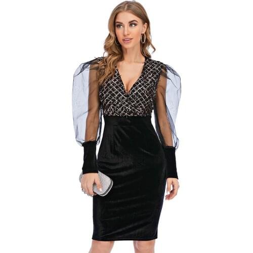 Long Illusion Sleeves V Neck Sequin Velvet Mother Of the Bride Dress Formal Women OL Gown Wedding Guest Party Dresses YSAN928