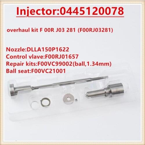 Injector repair kit F00RJ03281 and Ball seat steel ball kits DLLA150P1622 nozzle F00RJ01657 valve for Faw injector 0445120078