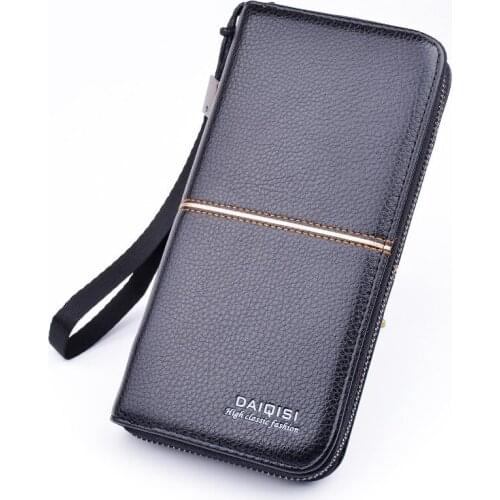 Mens Wallet Solid Color Long Zipper Clutch Bag New Style Male Large-capacity Lychee Pattern Soft Coin Purses Mobile Phone Bag