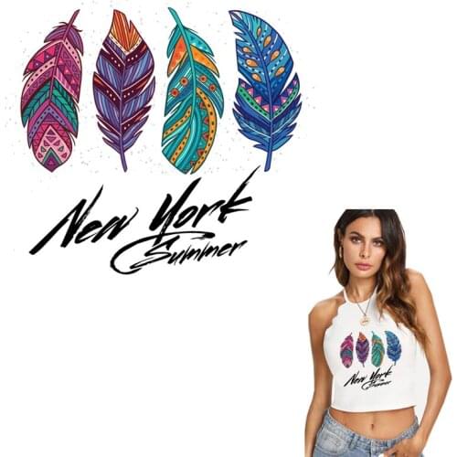 New Fashion Feather Patches For T-shirt Clothes Sticker New York Summer Letter A-level Washable Iron On Transfer Applique Y-003