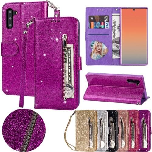 New Bling Glitter Case For Samsung Galaxy S21 S20 Ultra S10 S9 S8 Plus S20 FE Note 8 9 10 Leather Flip Zipper Wallet Cover Coque