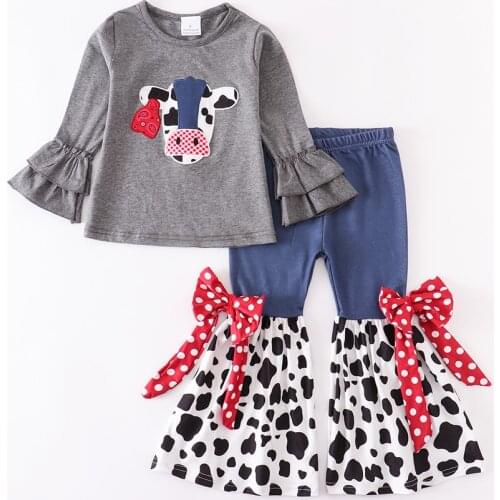 Girlymax Fall/winter Baby Girls Pants Children Clothes Boutique Farm Yard Cow Outfits Bell-bottoms Pants Set Match Accessories