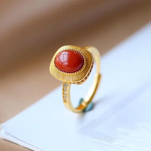 S925 Sterling Silver Southern Red Agate Ring Inlaid Natural Hetian Jade Geometric Vintage Court Style Ring Ornament for Women