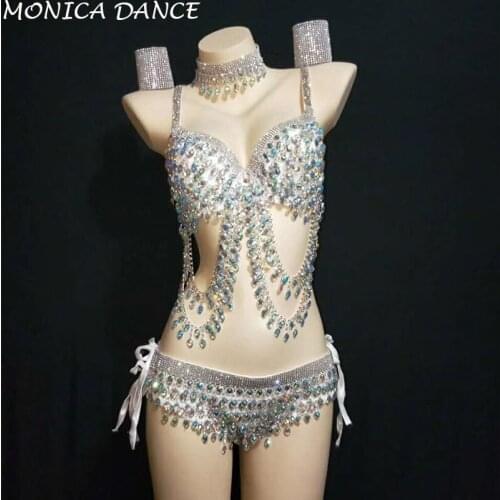 Sexy Sparkly AB Color Crystals Bikini Sexy Prom Outfit Bra Short Shining Birthday Party Costume Women Evening Wear Costume