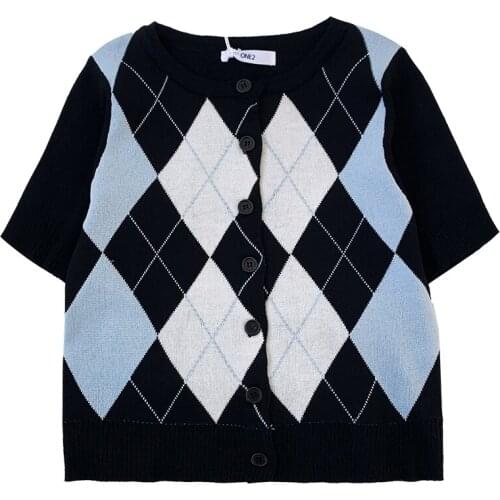 Retro girl hit color plaid summer o neck buttoned slim all-match knitted short-sleeved T-shirt