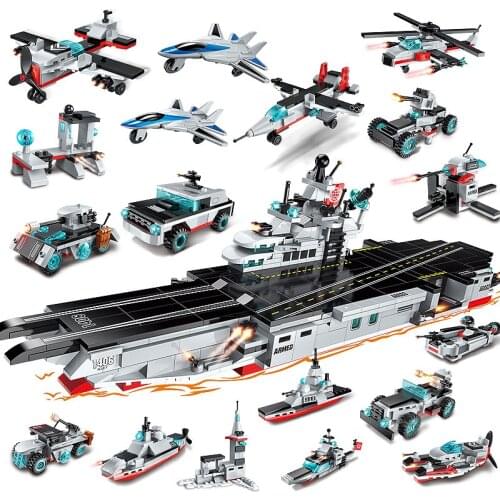 Military Series 8 IN 1 Battleship Ship Body Fighter Helicopter Building Blocks Kit Bricks DIY Classic Model Toys For Children