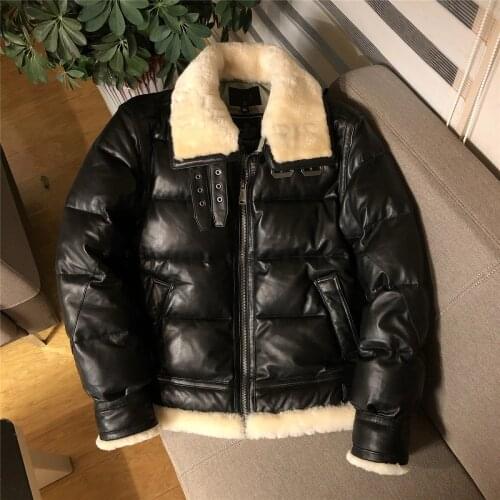 YR!Free shipping.Classic B3 style genuine leather jacket.winter warm fur coat.quality 350g white duck down sheepskin clothes