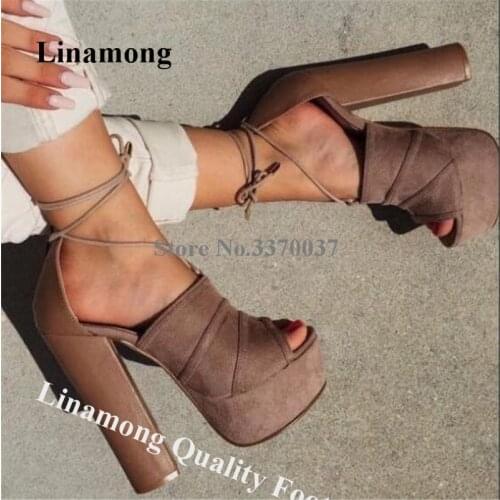 Linamong Fashion Peep Toe High Platform Chunky Heel Pumps Suede Leather Lace Straps Corss Thick High Heels Dress Shoes