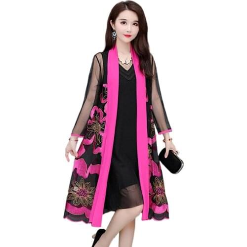 Summer Mid-Length Cardigan Womens Ethnic Style Light Mesh Embroidered Jacket Large Size Slim Elegant Sun Protection Coat