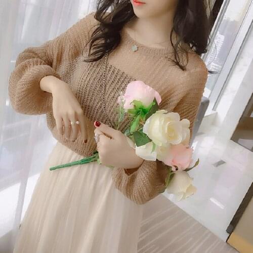 Hollow Thin Knit Sweater Pullover Womens 2021 New Spring Autumn Korean Fashion Round Neck Loose Long Sleeve Sweater Tops Female