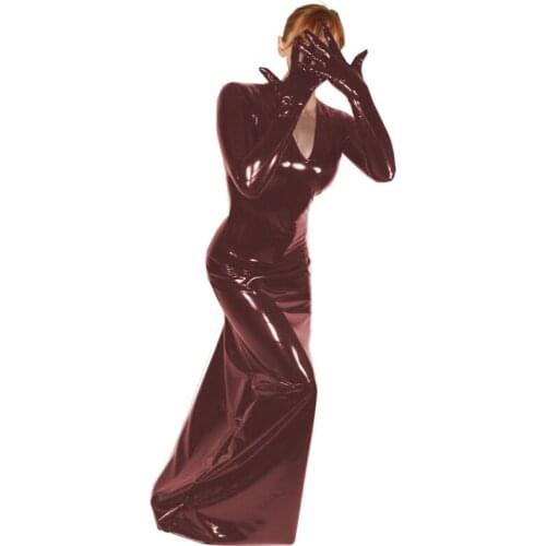 Plus Size Women Sexy Long Bodycon Dress Wet Look PVC Maid Dress With Gloves Leather V- Neck Stretch Clubwear Vinyl vestidos 7XL