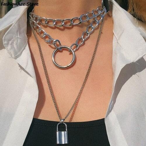 Gothic Lock Pendant Necklace Punk Multi Layered Chain Choker Collar Goth PU Leather Padlock Chunky Necklace Women Collier