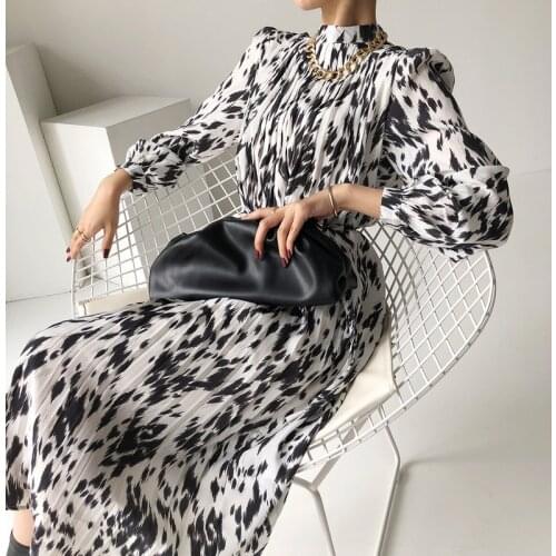 Dresses Autumn Korean Vintage Temperament Loose Puff Long Sleeve Stand Dress Women Lace Up Pleated Hit Color Vestido Robe Print