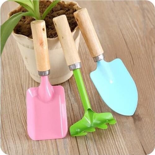 3pcs/Set 20CM Mini Gardening Tools Wood Handle Mini iron Shovel rake Colorful Potted Soil loosening Household Spade Garden Tools