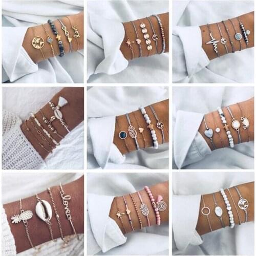 5Pcs/Set Punk Turtle Map Heart Chain Pineapple Bracelet Gold Bracelet Set Charm Women Bracelet Jewelry Gift for The New Year