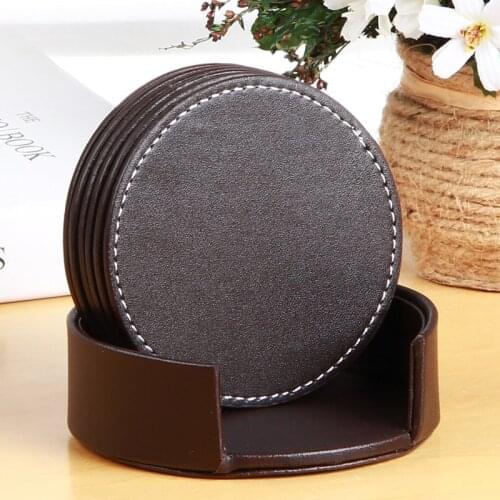 6pcs PU Leather Table Cup Mat Kitchen Mat Pad For Bar Cocktail with Holder Protect Your Furniture from Stains