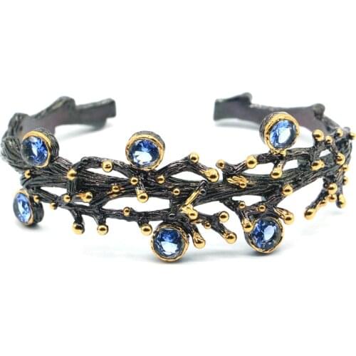 63x27mm Unique 31g Gothic For Women Cuff Bangle Bracelet Created Tourmaline Violet Tananite Morganite Cool Black Metal Hiphop