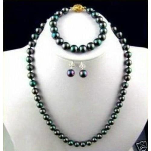 8mm Black Akoya shell Pearl Necklace Bracelet Earring Set 18/7.5inch