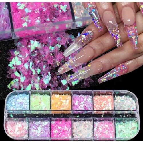 12 Grids Nail Glitter Sequins Irregular Mixed Flakes Paillette Tips Round Star Chrome Pigment DIY Nail Art Decoration