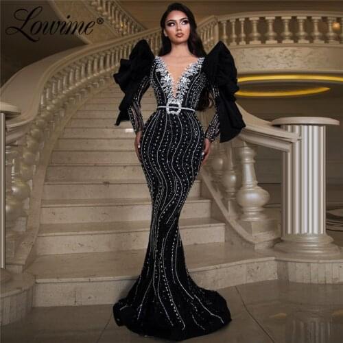 Dubai Black Long Sleeves Elegant Evening Dresses Heavy Beading V Neck Mermaid Formal Dress 2020 Dresses Women Party Night Robes