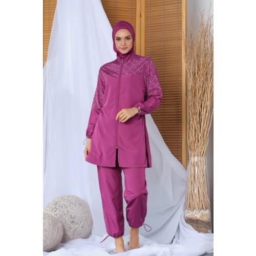 Womens Long Sleeve Laser Etched Pants Hijab Swimwear 20171 Plum Red