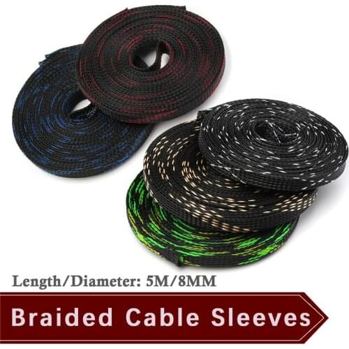 5M 8mm Insulation Braided Sleeving 5Colors Tight PET Expandable Wire Cable Protecting PET Braided Cable Sleeve High Density Kit
