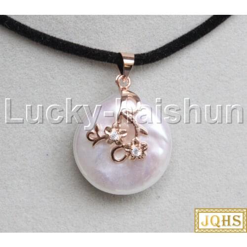 JQHS Super Luster 20mm coin fastener white pearls pendant necklace Rose Gold Filled j13112