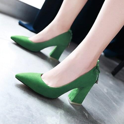 Quality Flock Womens Heels Shoes Fashion Pointed Toe Classic Pumps Shoe Women Green Red Heels Party Office Shoes Women Big Size