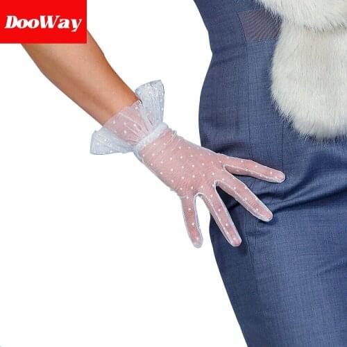 DooWay Lace Short Sheer Gloves Touchscreen Ruffled Trim Tulle Mesh for Women Wedding Pary