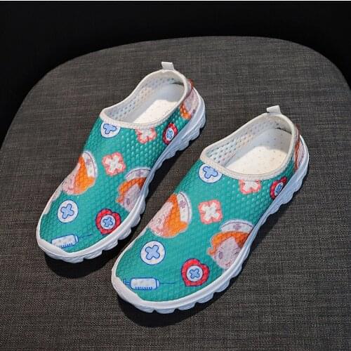 LYXLYH Spring Nurse Flat Shoes Women Cute Cartoon Nurses Printed Womens Sneakers Shoes Breath Mesh Flats Zapatos de Mujer