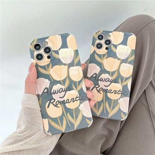 Retro Korean Sweet romantic tulip Flowers art Phone Case For iPhone 11 12 Pro Max Xs Max XR Xs 7 8 Plus X 7Plus case Cute Cover