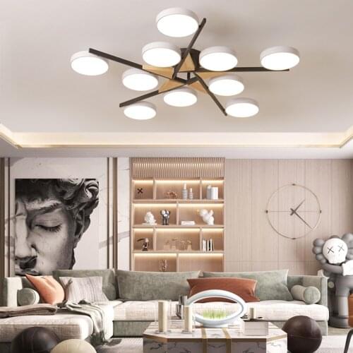 Minimalist Modern Round LED Iron Wood Multi-Head Color Chandelier Lighting for Bedroom Dining Living Room Home Deco Hanging Lamp