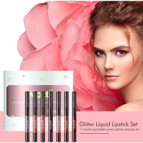 7PCS Glitter Matte Lip Liner Lipstick Set Halloween Party Makeup Set Two-in-one Double-head Lip Gloss Combination