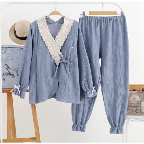 New crepe clothes solid color cotton pregnant pajamas suit spring and summer double gauze postpartum breastfeeding home service