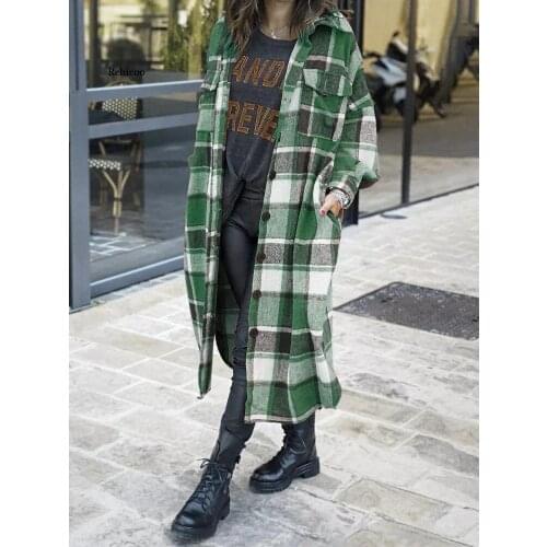 New Womens Long Windbreaker Lapel Side Slit Womens Woolen Plaid Coat Jacket