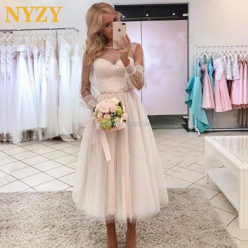NYZY E301 Vintage 50s 60s Dot Tulle Long Sleeves Evening Dresses Short Celebrity Prom Party Dresses Robe Soiree Dubai