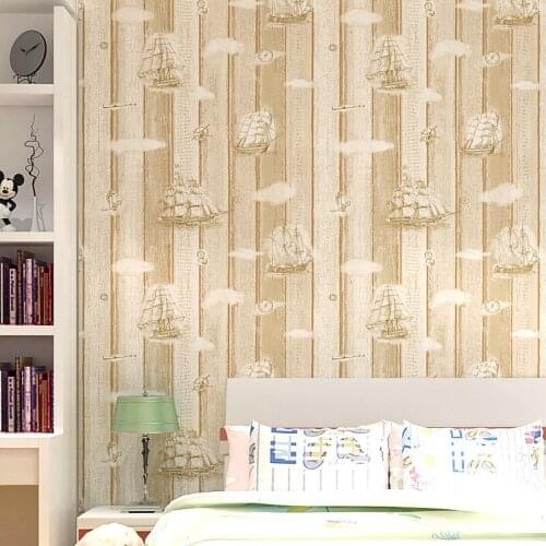 Childrens room wallpaper behang Mediterranean sailboat vertical stripes modern boy bedroom study Cartoon wallpaper Beibehang