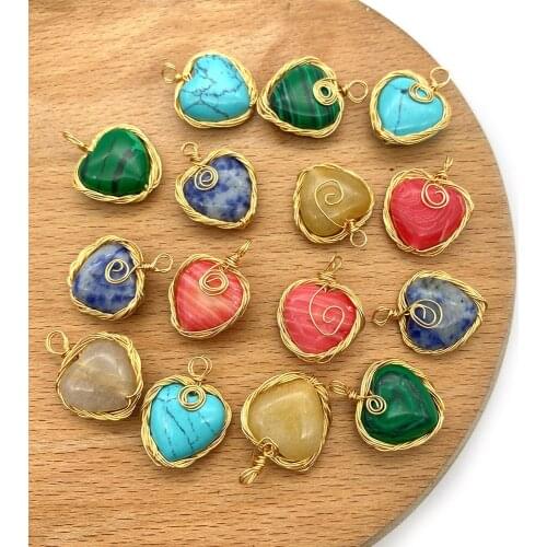 2pcs/pack natural semi-precious stone pendants Heart shape charms gold plated Manual winding DIY for making necklace 17x23mm