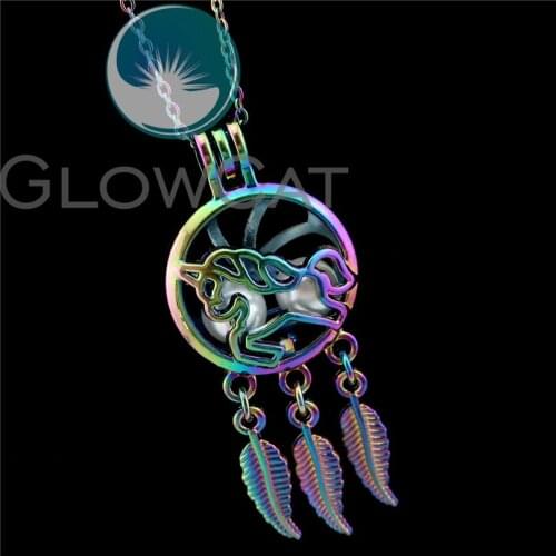 R-C751 Rainbow Unicorn Dream Catcher Beads Cage Pendant Perfume Diffuser Aromatherapy Pearl Cage Locket Necklace
