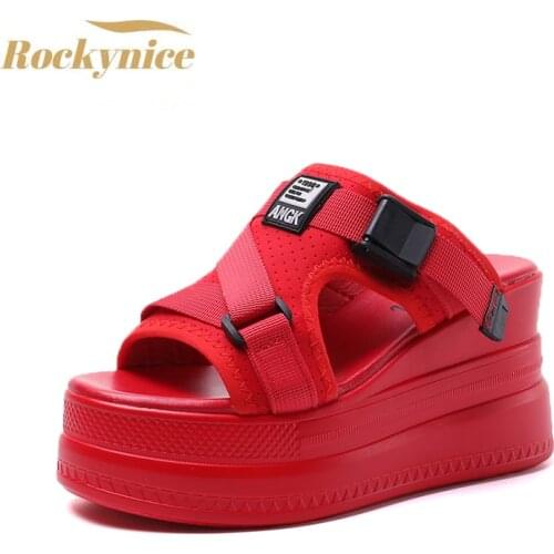 Summer Women Buckle Slippers Flip-Flops Beach Shoes Wedge Heels Slides Woman Platform Slippers Candy Colors Outside Sandals 9cm