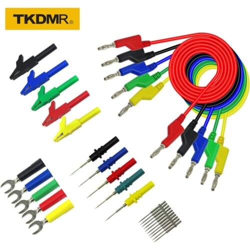 TKDMR 30PCS Set 5 Colors 4mm Dual Banana Plug Smooth Silicone Lead Test Cable For Multimeter 1m U-Shaped Alligator Clip