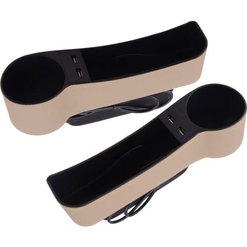Universal Car 1 Pair Left & Right Side Beige Seat Slit Storage Box Organizer Pocket with 2 USB Ports Accessories