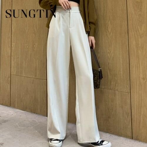 Sungtin Casual Vintage Loose Office Lady Blazer Pants Women Basic Elastic Waist Pant Elegant Straight Wide Leg Korean Pants New