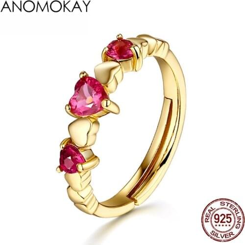 Anomokay Classic Red Heart CZ Gold Color Resizable Rings for Women 100% Sterling 925 Silver Love Rings for Wedding Party
