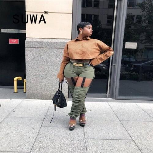 New fashion hollow out patchwork chic hole pants high waist stacked pants trousers sexy party night club legging femme