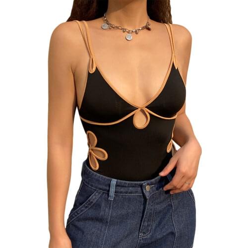 2021 New Women Summer Bodysuit, Splicing Hollow-Out Spaghetti Straps V-Neck Sleeveless Tight Romper for Girls, Black