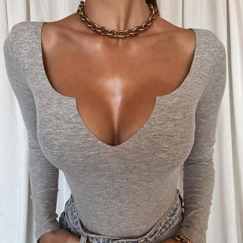 Dourbesty Strethcy Knitted Ribbed Bodysuits Sexy Low-Cut Long Sleeves Autumn Tops Women Tight Overalls Tops Rompers For Ladies